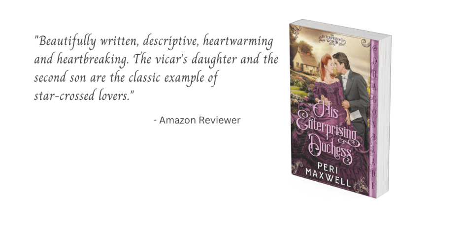 The cover of His Enterprising Duchess with a quote from a reviewer.