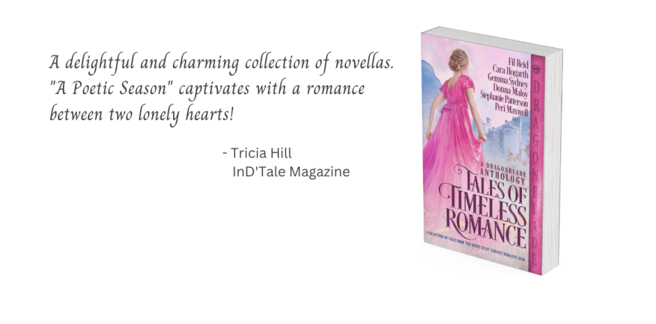The cover of Tales of Timeless Romance with a quote from a reviewer.